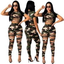 2021 Spring Summer Latest Design Commodity Women Sexy Personality Camo Ripped Hole Short Two Piece Set